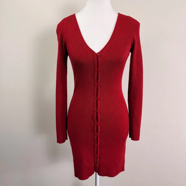 Abercrombie & Fitch Red Ribbed Knit Button Front V-Neck Stretchy Mini Dress Sml - Image 2