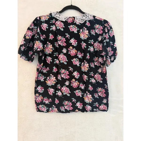 Bryn Connelly Vintage‎ Floral Lace Collar Blouse Black Pink Short Sleeve Small - Image 3