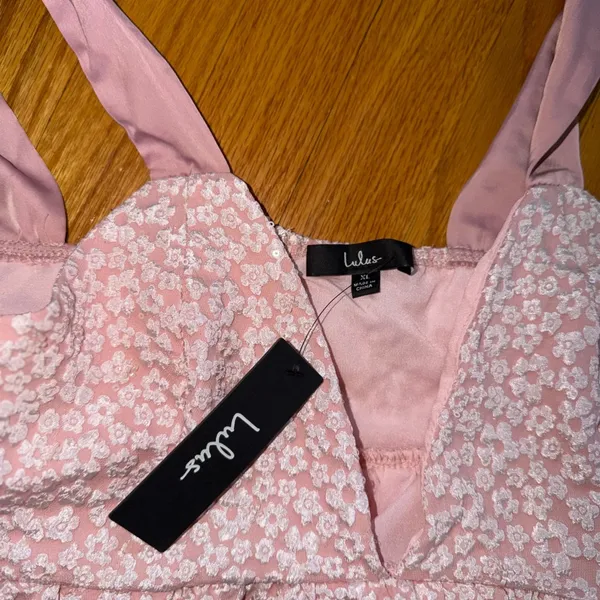 Lulus Floral Sequin Tie-Strap Babydoll Mini Dress XL Pink White Textured NWT - Image 3