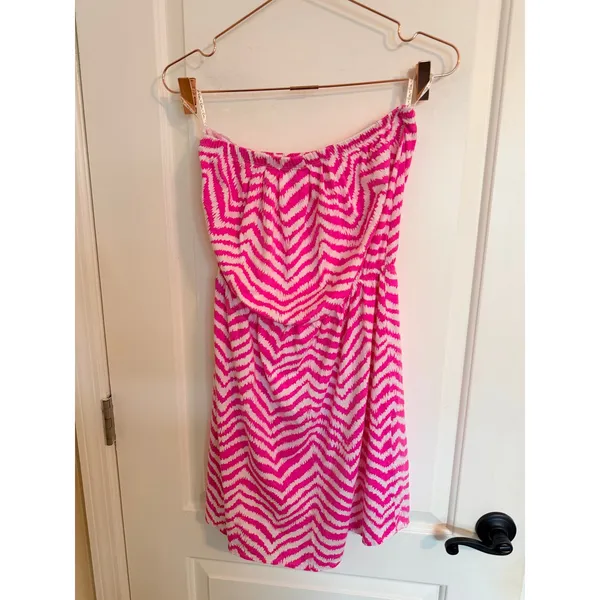 Lilly Pulitzer Strapless Dress Womens Medium Pink Chevron Ikat 82490‎ Mini Beach - Image 5