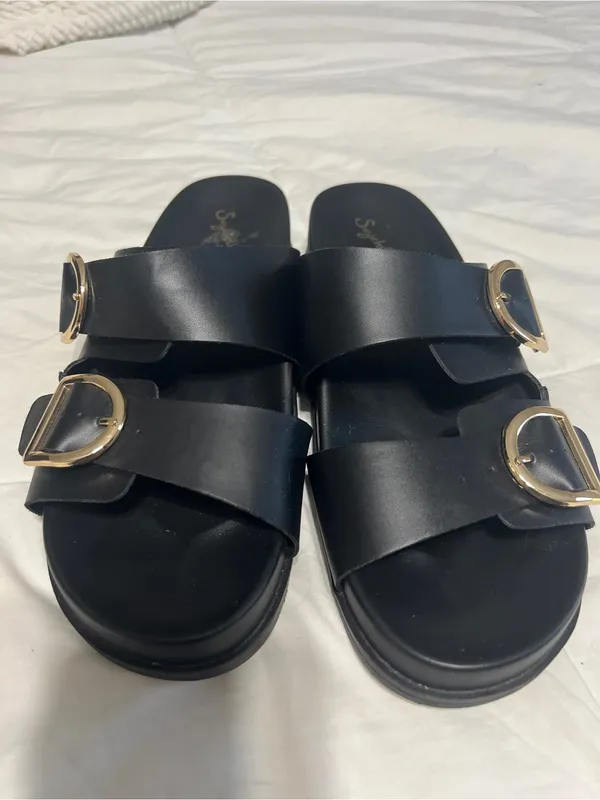 Seychelles Black Double-Buckle Slide Sandals with Gold Buckles - Image 3