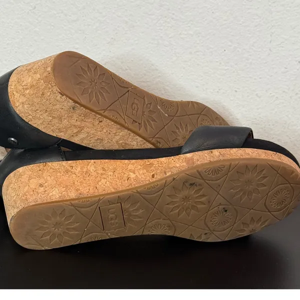 UGG Black Leather Wedge Sandals Womens 8.5 Zoe II Cork Ankle Strap 1102674 - Image 8