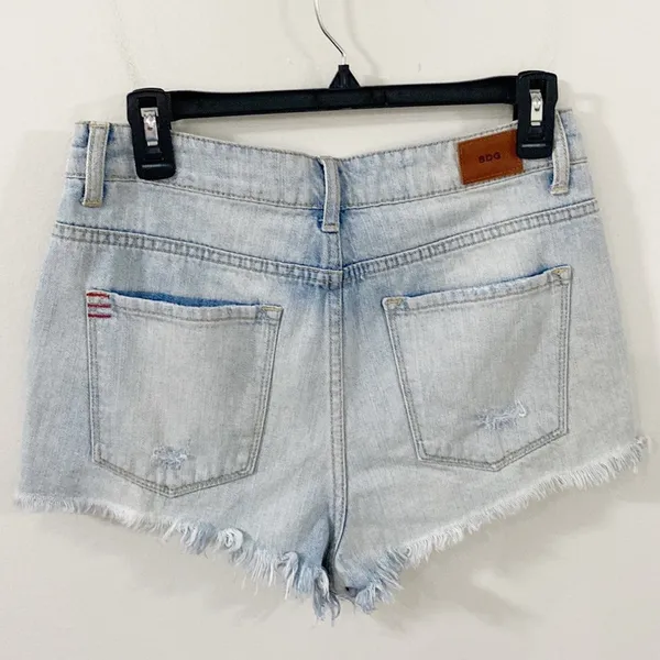 BDG UO Super high rise cheeky denim shorts light wash distressed fringed hem 29 - Image 2