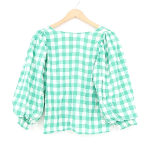 A New Day Green Gingham V-Neck Puff Sleeve Blouse Top S Mint White Check - Image 5