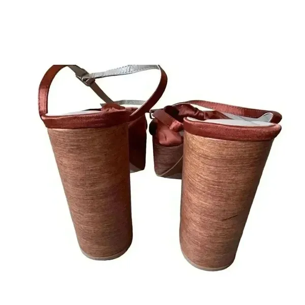 Lulu’s Lucianto Copper Satin Ankle Strap Wooden Platform Sandals SZ 6 - Image 6