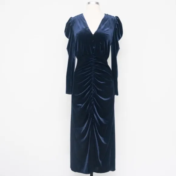 YUMI‎ KIM. New! Puff Sleeve Blue Velvet Midi Dress. - Image 2