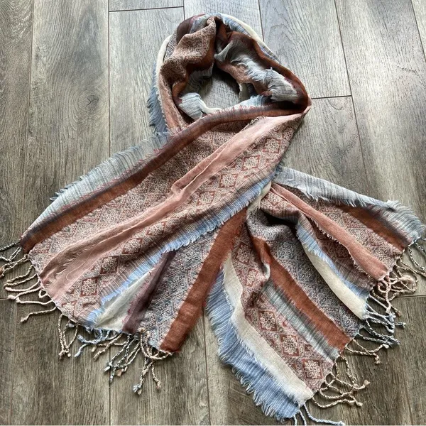 PRANA Mae Scarf Wrap Fringed Striped Tan Blue Cream Multicolored 100% Wool - Image 5