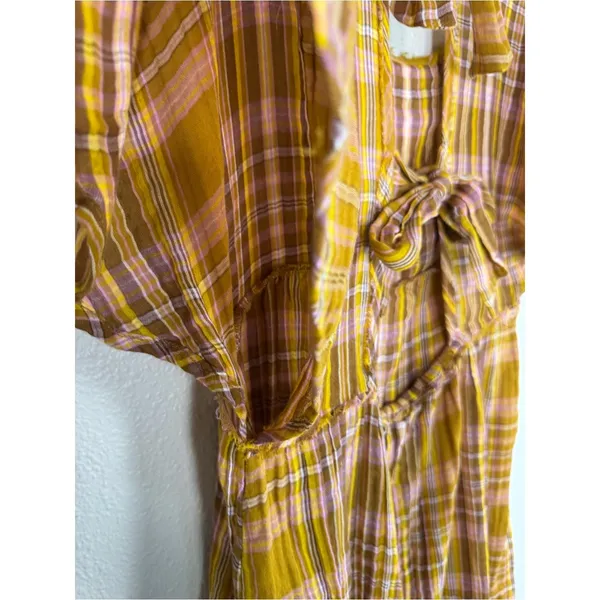 Anthropologie Yellow Pink Plaid Mini Dress Womens L Babydoll Boho Tie Back - Image 11