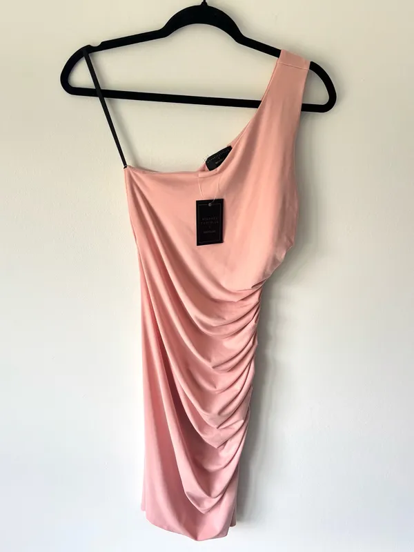 Michael Costello x Revolve Kimberly Mini Dress One Shoulder Ruched Side Pink - Image 3