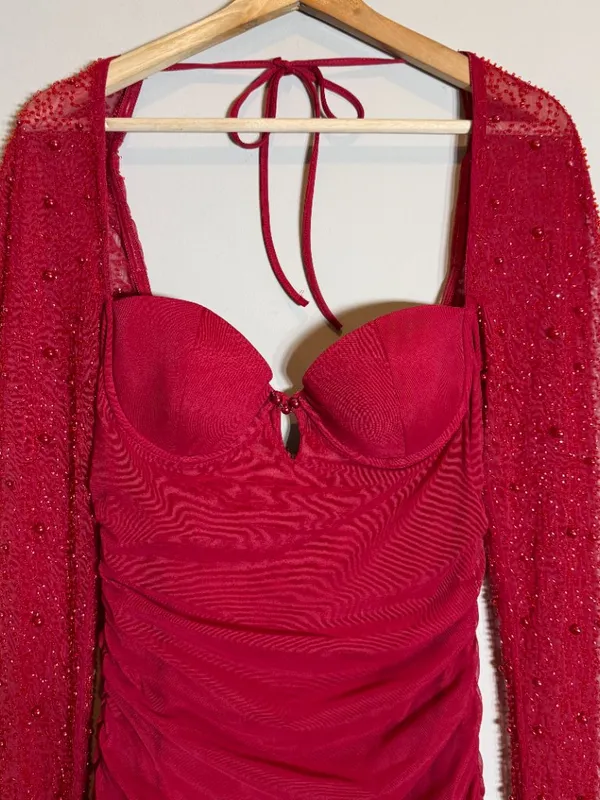 Oh Polly St. Germain Embellished Long Sleeve Mini Dress Women's 6 Red Pearls - Image 6