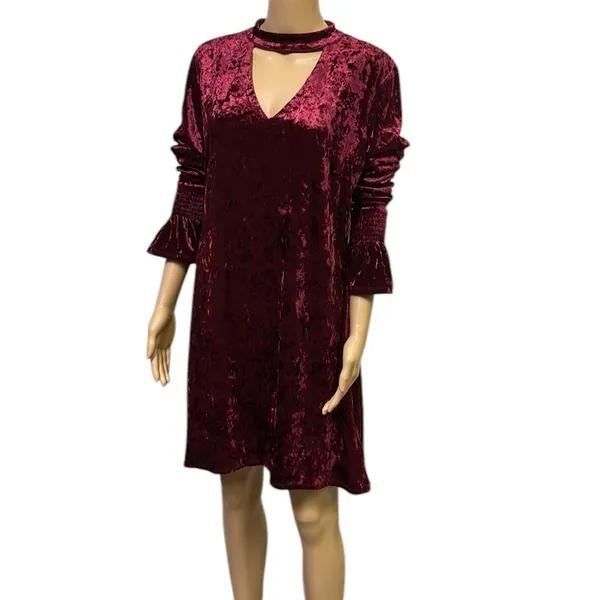 Marc Bouwer Unlimited Burgundy Crushed Velvet Bell Sleeve Keyhole Dress Womens M - Image 4