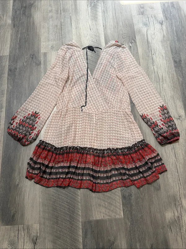 Free People Boho V-Neck Peplum Tunic with Red & Black Geometric Print - Image 2
