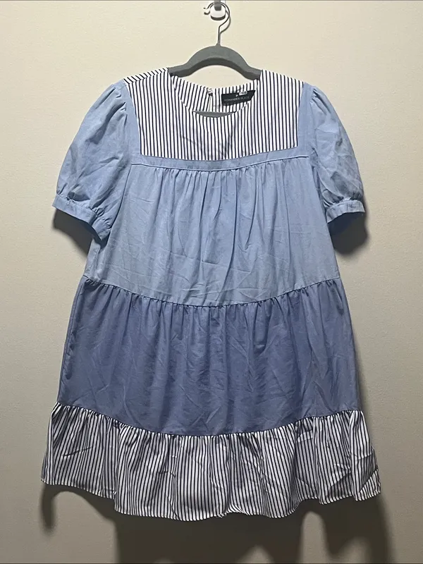 TUCKERNUCK Pomander Place Quinn Blue Striped Tiered Mini Dress, Size L - Image 3