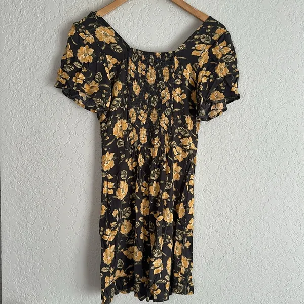 Abercrombie & Fitch Mini Dress Floral Grey Gold Smocked Boho Fall Fairy Y2K - Image 5