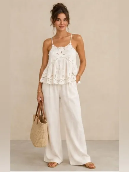 Sea New York Ivory Embroidered Boho Halter Racerback Flowy Swing Cami Blouse XXS - Image 8