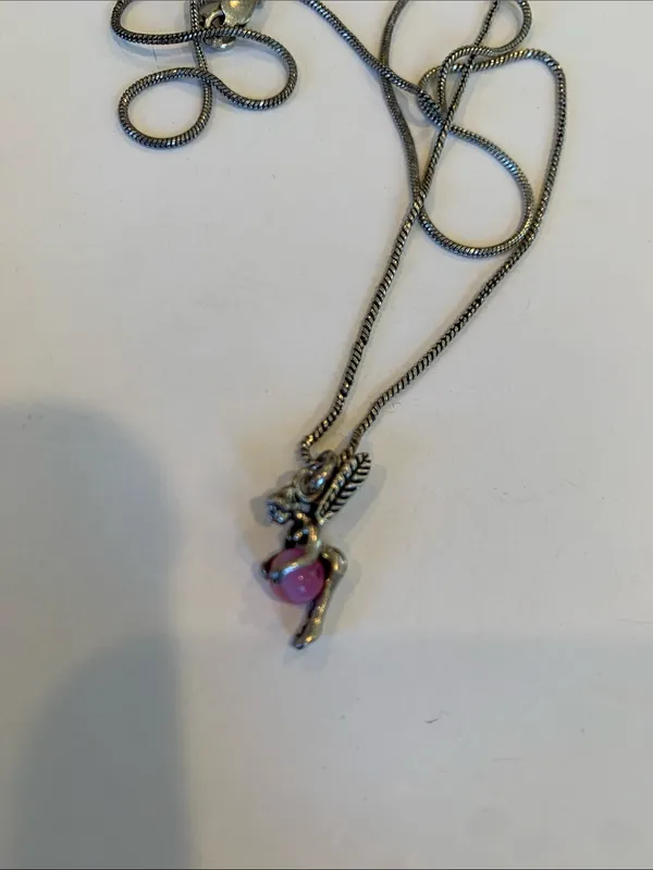 Italian Sterling Silver Fairy Pendant Necklace Pink Cats Eye Ball 925 Italy - Image 2
