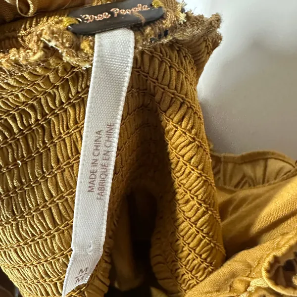 Free People Ruffle Cami Top Womens Medium Mustard Yellow‎ Smocked Cropped Satin - Image 3