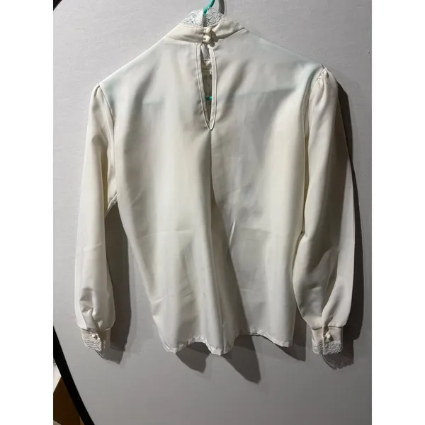 Rhapsody Womens Cream Lace Trim Mock Neck Puff Sleeve Blouse Top Made in‎ USA - Image 7