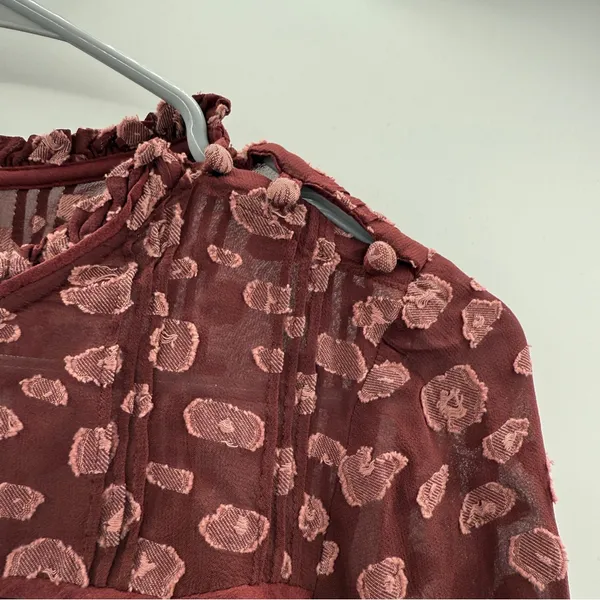 Aritzia Wilfred Lourdes‎ Burgundy Dot Print Tie Long Sleeve Top Sz XS - Image 3