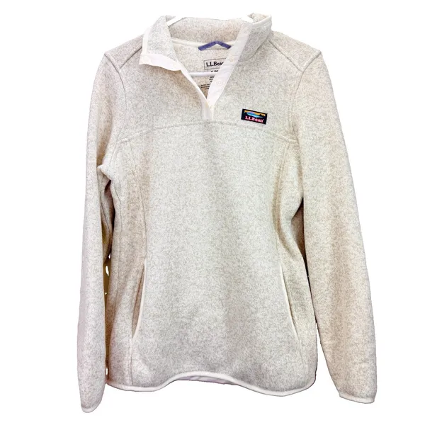 LL Bean Beige Sweater Fleece 1/4 Snap Pullover Pockets Size SMALL Tan - Image 3