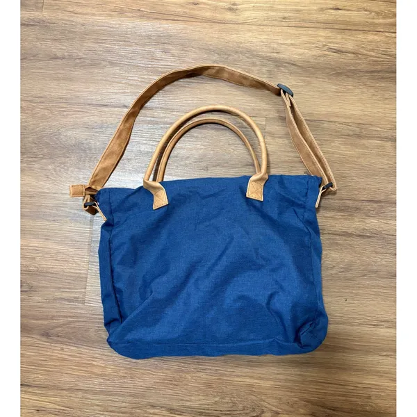 Blue Canvas Tote Bag with Tan Faux Leather Accents and Crossbody Strap - Image 6