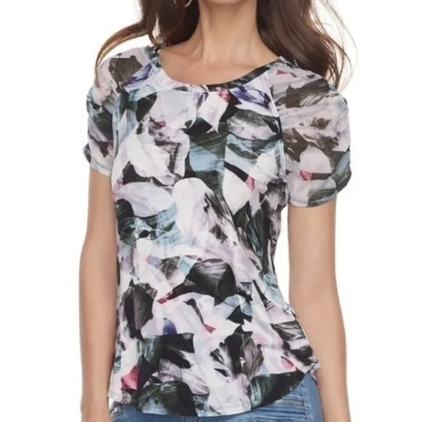 Jennifer Lopez Sheer Mesh Floral Ruched Baby Tee Y2K Top Women’s Size Small - Image 5