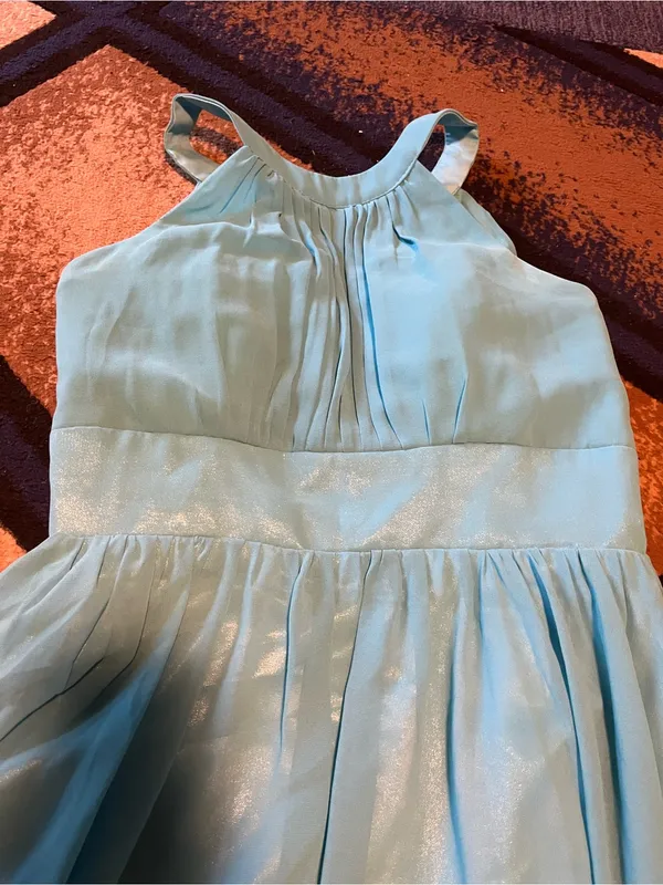Shimmery Light Blue Midi Dress with Pleated Bodice - Image 2