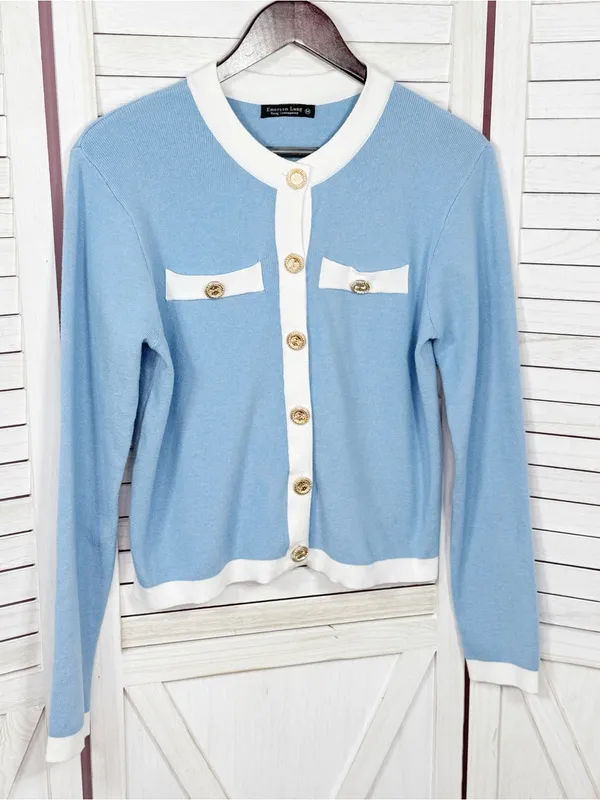Emerson Lang Cardigan Sweater Button Front Contrast Trim Blue White Medium - Image 7