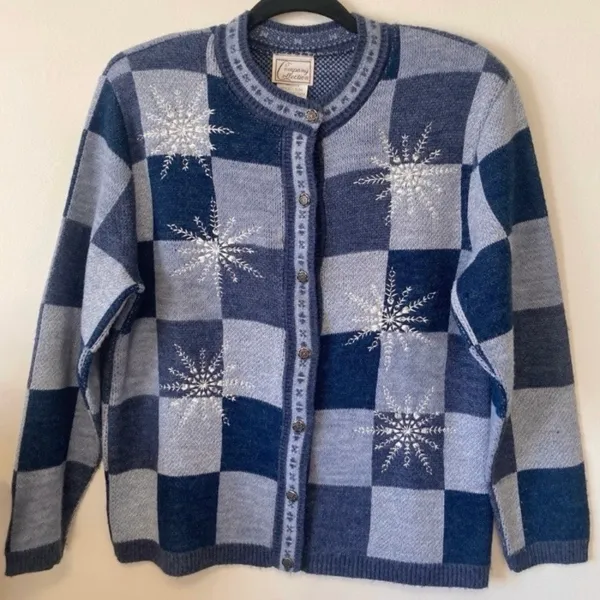 Vintage 90’s Y2K Snowflake Knit Cardigan Sweater Blue Button Holiday S - Image 4