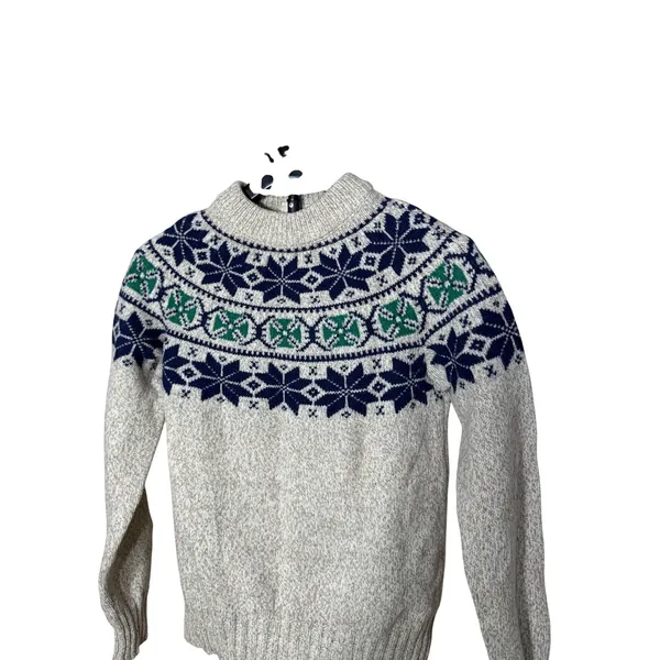 Woolrich Woman Vintage Fair Isle Wool Sweater Oatmeal Grey Navy Green Size S - Image 2