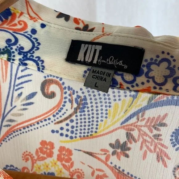 Kut From The Kloth White Floral Print Long Convertible Sleeve Blouse Top L - Image 7