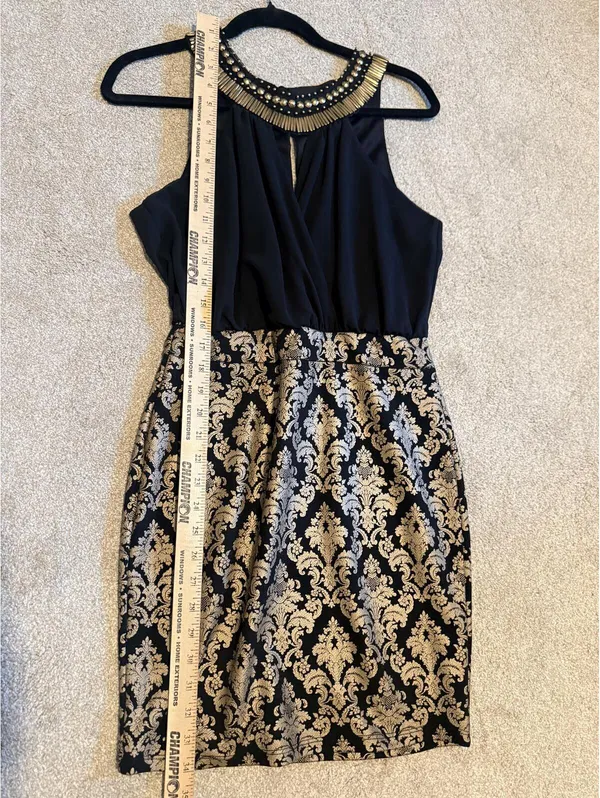 Women's XS Black Gold Brocade Beaded Collar Cocktail Dress - Image 7