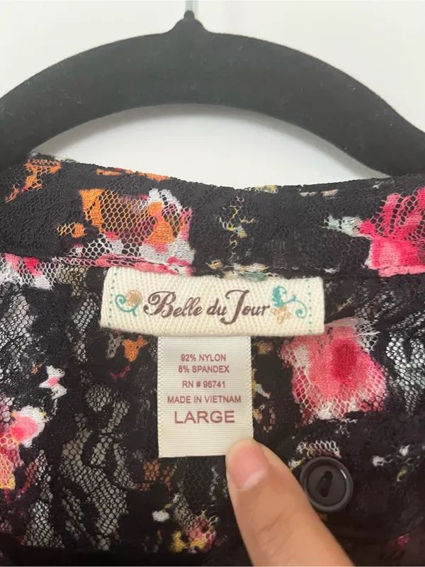 Black Pink Floral Lace Sheer Button Up Top Large Romantic Cottagecore Boho - Image 2