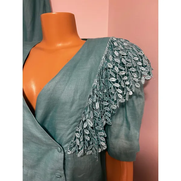 LERMAJ Vintage Teal Linen Blend Two Piece Set Lace Wrap Top Wide Leg Pants M/L - Image 4