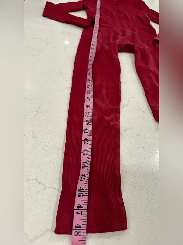 Ribbed Long-Sleeve One-Piece Jumpsuit in Burgundy - Image 7