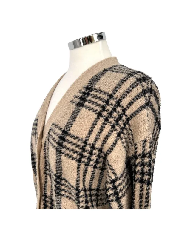 Joie Plaid Cardigan V-Neck Sweater Beige Black Size Large Preppy Grandpacore - Image 3