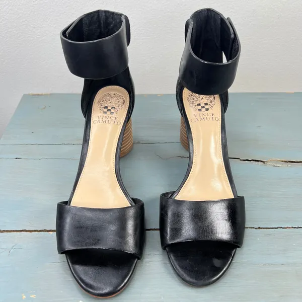 Vince Camuto Black Leather Ankle Strap Block Heel Sandals Womens 7.5 M - Image 9