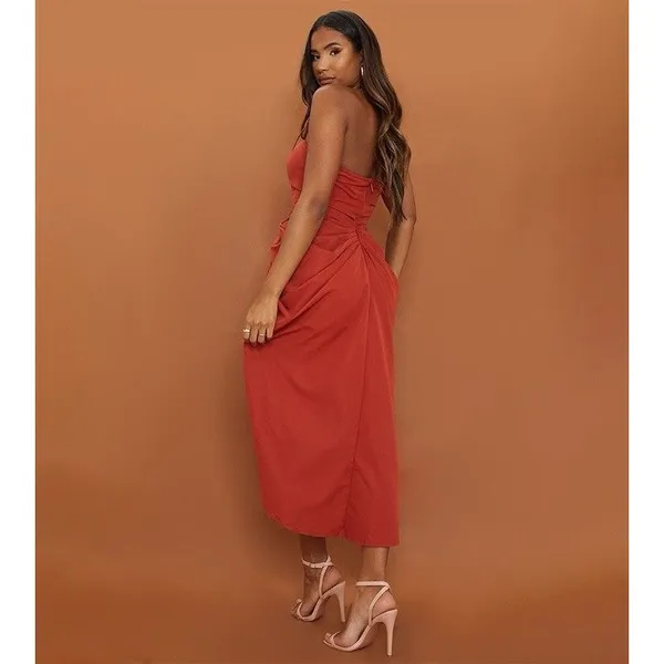PRETTYLITTLETHING Rust Satin Strapless Ruched Side Slit Midi Dress Size 6 - Image 6