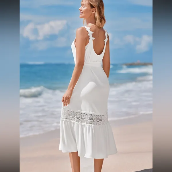 Cupshe Powder Lace & Tie Midi Summer Dress White Small NWT Minimalist Vacay Feminine - Image 2