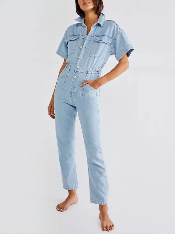 Free People We The Free Marci Coverall Sz XL Light Wash Denim Jumpsuit Utility - Image 4