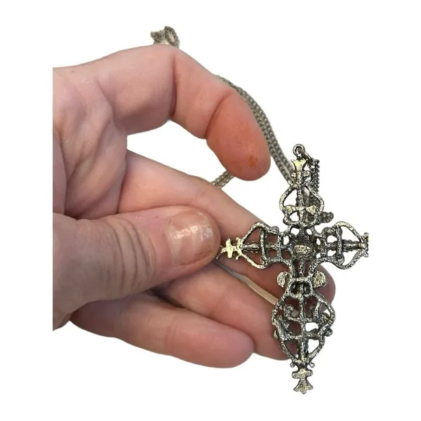 Signed Roma Cross Pendant Necklace Petit Point Faux Turquoise Christian Vintage - Image 5