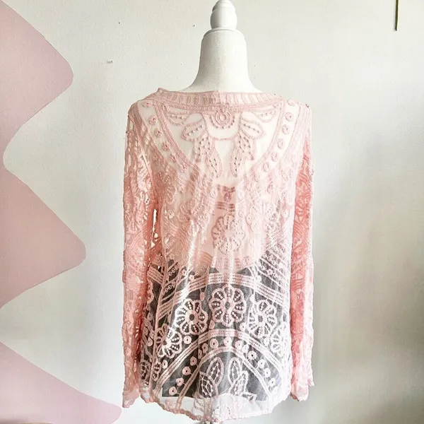 Pink Lace Mesh Top, Y2K, Coquette, Large, Festival,‎ Soft Girl, Dollcore, Girly - Image 2