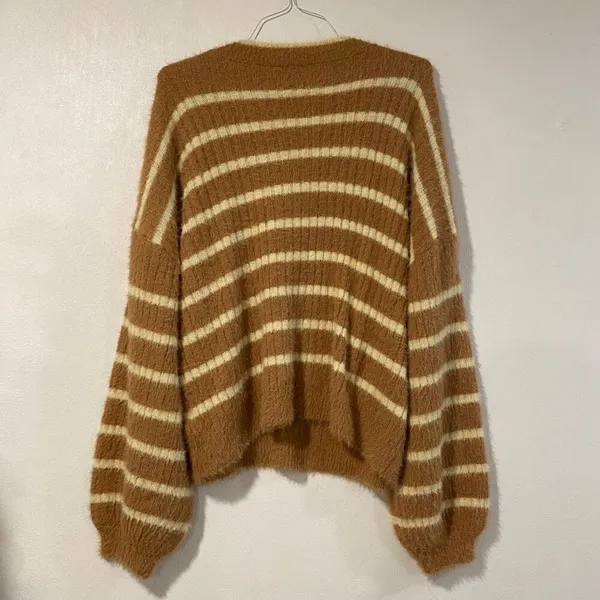 Windsor Fuzzy Striped V-Neck Sweater Women’s Large | Soft Cozy Brown Pullover - Image 2