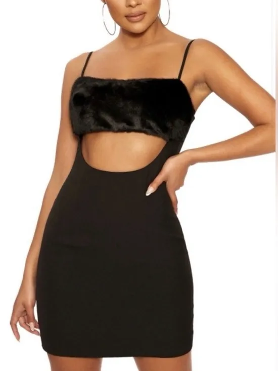 Naked Wardrobe Black Faux Fur Trim Mini Dress Sexy Date Night Club Prom Party - Image 6