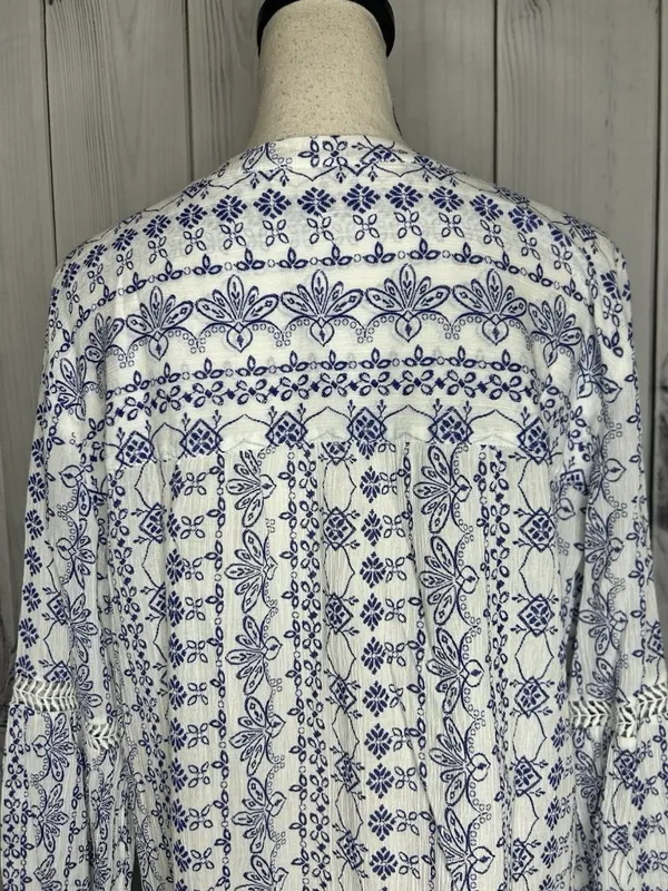 Ann Taylor Loft Blue White Floral Print V-Neck Cotton Tunic Top Sz L Lightweight - Image 10