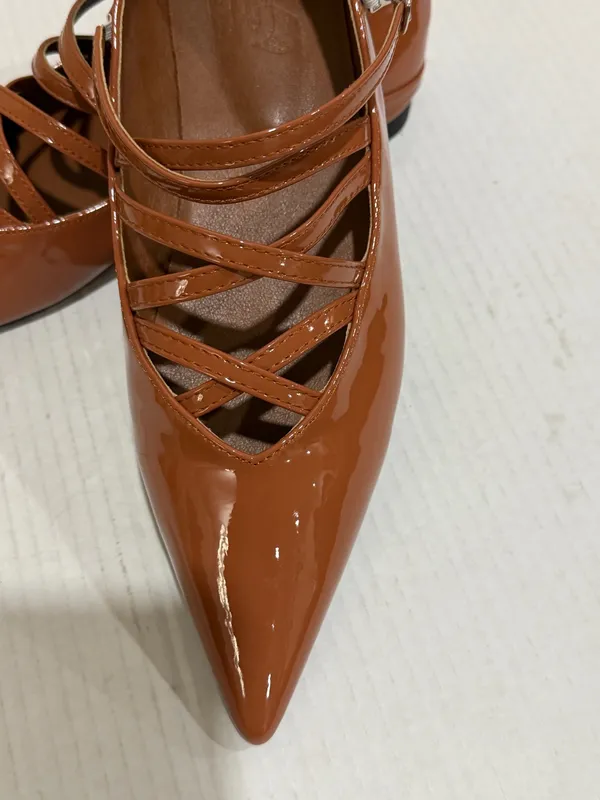 Women’s Pointed Toe Mary Jane Flats Brown Patent Crisscross Strappy Size 41 - Image 15