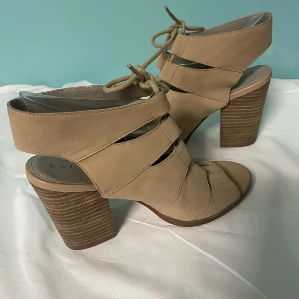 Hinge Beige‎ Suede Lace-up Open-toe Block Heel Shoes Women Size 7.5 S-356 - Image 5