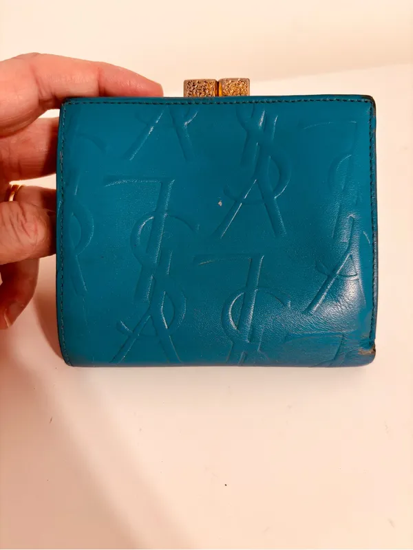 YSL Yves Saint Laurent Vintage Turquoise Blue Womens Wallet kiss-lock YSL logo - Image 3