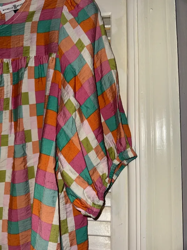 Checked Puff-Sleeve Blouse in Pink, Orange & Teal - Women - Image 3