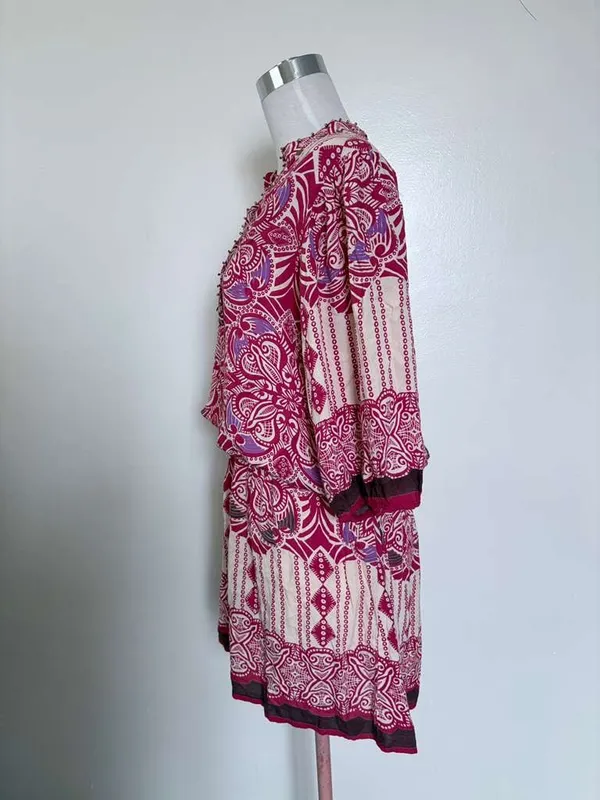 Angie Pink and Cream Printed V Neck Dress - Image 3
